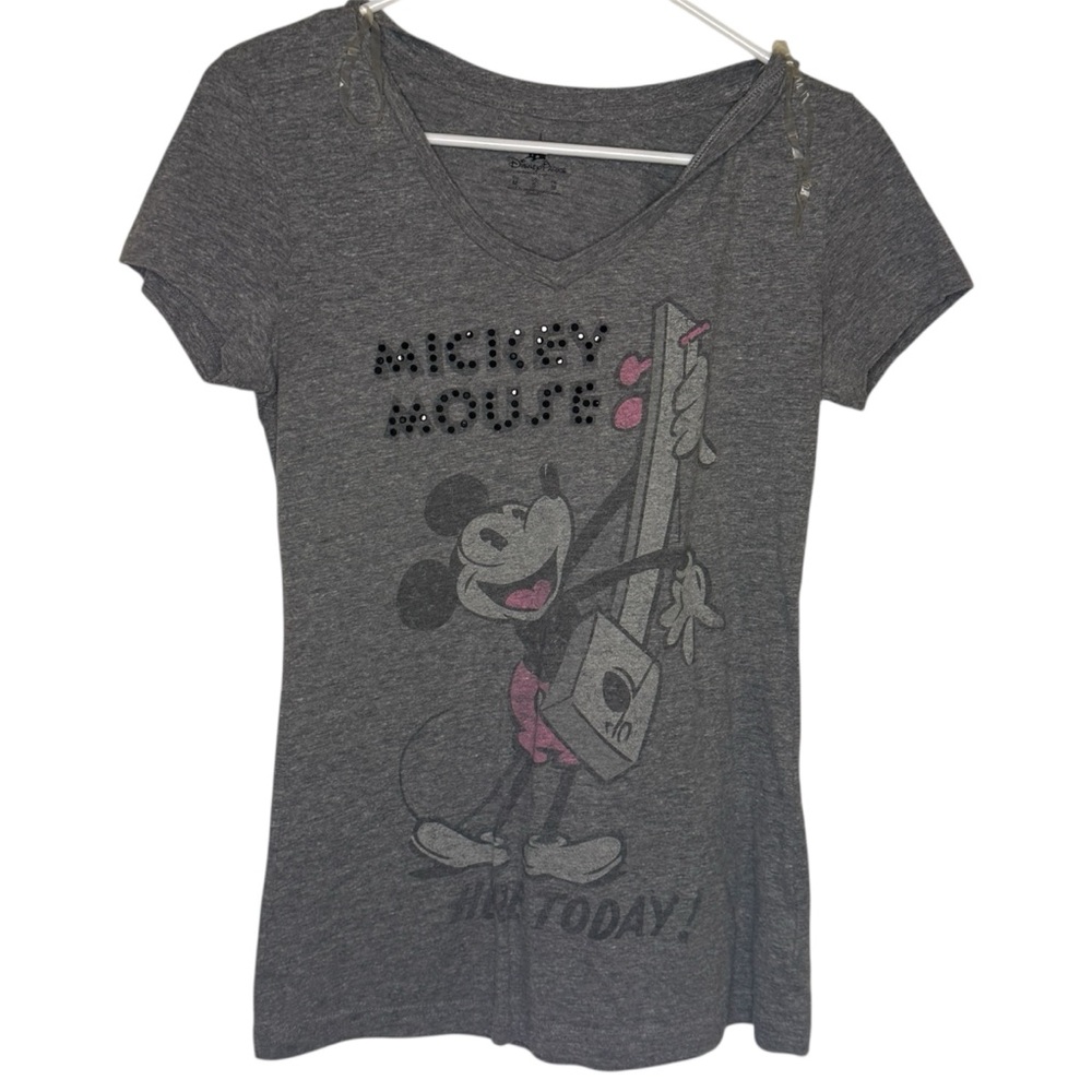 Disney Parks Mickey Mouse "HERE TODAY!" Studded V-Neck Tee - Gray - Small